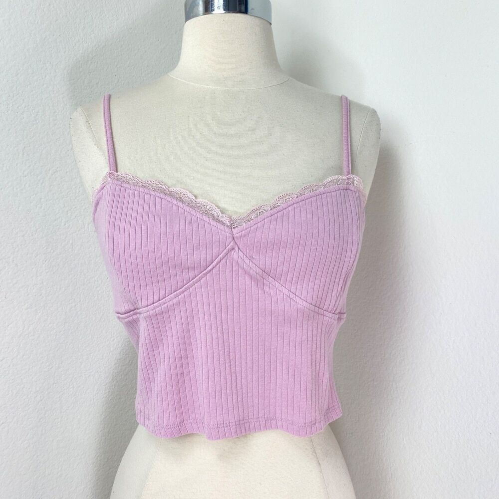 Pac Cares Pink Crop Baby Doll Halter Top Medium Ribbed Knit Lace Boho Fairy Goth